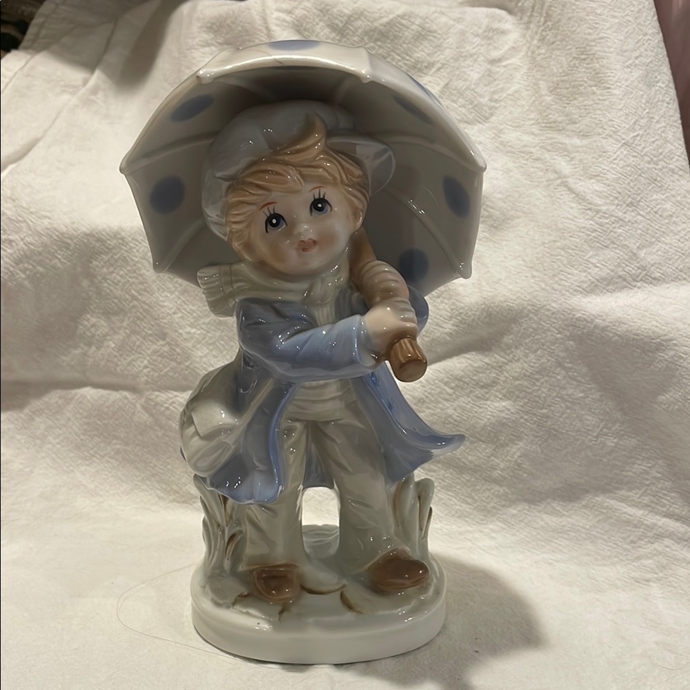 Porcelain Figurine with Blue Polka Dot Umbrella